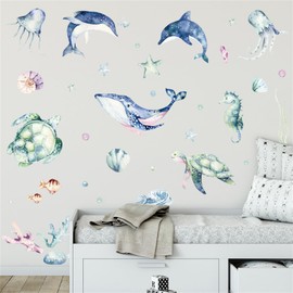 Whale Sticker Sea Turtle Sea Animal Wall Sticker Japanese Style Undersea World Sea Fish Wallpaper Living Room Bedroom DIY Wall Sticker Room Decoration Stylish Removable Wallpaper