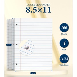 8.5 x 11 Wide Ruled Paper, Loose Leaf Paper, 3 Hole Punch Paper 8.5 x 11 WhiteLoose Leaf Notebook Paper for 3 Ring Binders, Notebook Paper,Filler Paper,Lined Paper, 400 Sheets Writing Paper (4 Pack)