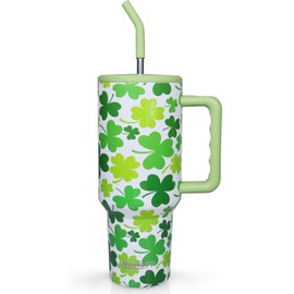 Shamrocks Tumbler 40oz with Handle and Straw, St Patrick's Day Tumbler Green Cup Stainless Steel Travel Mug Water Bottle Irish Gift for Women Men