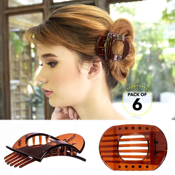 RC ROCHE ORNAMENT 6 Pcs Womens Square Strong Grip Secure Hold Inner Teeth Styling Plastic Comfortable Curve No Slip Beauty Accessory Girls Ladies Claw Clamp Clip, Medium Brown