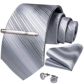 DiBanGu Mens Solid Color Ties Formal Silver Plain Necktie and Pocket Square Cufflinks Tie Clip Set Wedding