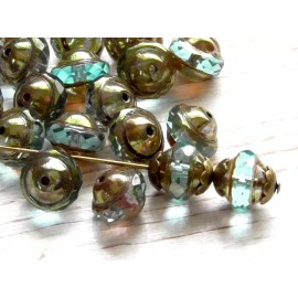 Czech 10 - 10x8mm CZECH AQUA BLUE METALLIC GREEN BRONZE ENDS SATURN SAUCER GLASS BEADS