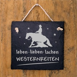 Western Riding Sign Slate Door Sign Engraving - Leben Lieben Lachen - Door Decoration Western Horse Stable Board Horse 11 x 11 cm
