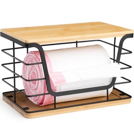 ALOCEO Extra Large Trash Bag Dispenser With Bamboo Top, Wall Mount Stainless Steel Garbage Bag Holder, Stackable Kitchen Laundry Organizers