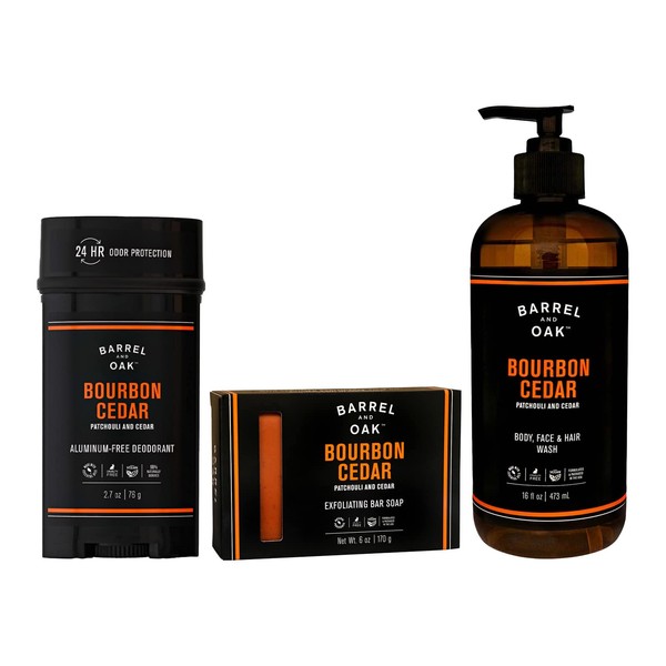 Barrel and Oak - Men's Body Care Set, Bourbon Cedar Scented Variety Pack, Essential Oil-Based Scent, Cedarwood & Bourbon Aroma, Bar Soap (6 oz), Body Wash (16 oz), & Deodorant (3 oz) | 3-Pack