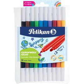 Pelikan Colorella Duo Fibre‑Tip Pens Set 973172 – 10 Water‑Based Washable Colours with Dual Tips (1 mm Fine + 2 mm Broad) – Ventilated Caps for Safe School & Home Use