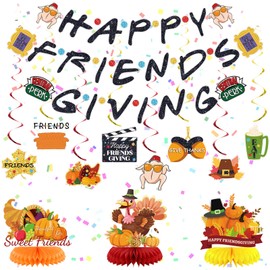 Friendsgiving Party Decorations,Happy Friendsgiving Banner Hanging Swirls and Table Decorations Honeycomb Centerpieces for Thanksgiving Holiday Decor, Autumn Party Decorations