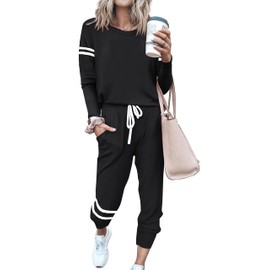 MASCOMODA 2024 Lounge Sets for Women Fall 2 Piece Outfits Tracksuit Jogger Set Long Sleeve Tops and Long Pants with Pockets (Black, Large)