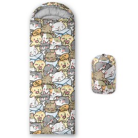 QOOMO Kawaii Cats Printed Camping Sleeping Bags,3 Season Warm & Cool Weather,Lightweight,Waterproof Sleeping Bags for Adults & Kids,Traveling,and Outdoors,Camping Gear Equipment