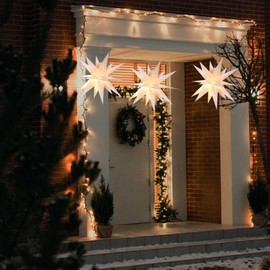 13.8" Moravian Star Light by Battery Operated, 18 Point White Christmas Star Indoor & Outdoor Hanging PVC Paper Lantern Lamp with 3D Bright White Lighted Holiday Decoration
