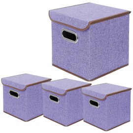 BeigeSwan Storage Bin [Set of 4] Linen Fabric Foldable Container with Lid, Collapsible Organizer Boxes Cubes – 10 x 10 x 10 Inches (Purple)