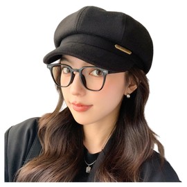 Qzkouma JSXB-7410 Casket Hat, Cap, Autumn and Winter, Cold Protection, Metal Strip Decoration, Hunting Hat, Brim Included, Women's, Men's, UV Protection, Small Facial Effect, Stylish, Black