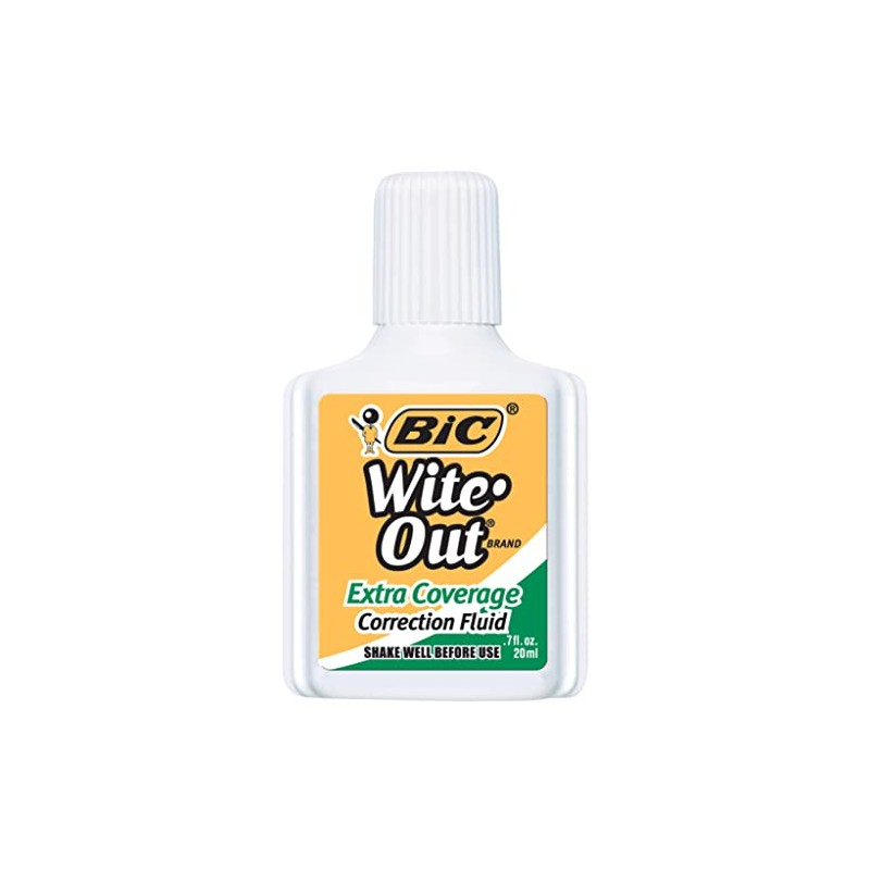 BIC Wite-Out Extra Coverage Correction Fluid, 0.7 ounces Bottle, White,(WOFEC12WE)