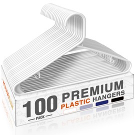 HOUSE DAY White Plastic Hangers 100 Pack, Plastic Clothes Hangers with Built-in Hooks, Durable and Strong Coat Hangers for Closet, Space Saving Clothing Hanger for Shirts, Coats, Skirt, Dress