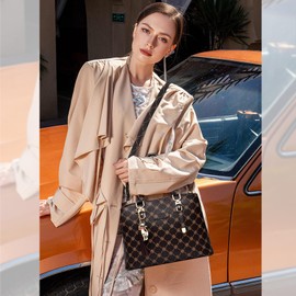 NICOLE & DORIS Women Tote Handbag Designer Top Handle Bag Printed Shoulder Bag PU Leather Ladies Crossbody Bag Work Bag Classic Handbags with Pendant Coffee