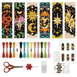 ORIGACH 6 Pcs Cross Stitch Bookmark Kit for Beginner Adults, Tarot The Sun and Star Stamped Embroidery Bookmark Kit with Instruction for Starters Printed Cross Stitch DIY Kits for Book Lovers