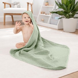 Comfy Cubs Baby Hooded Towel 2-Pack, Large 81cm x 81cm - 6-Layer, Soft, Durable & Absorbent Baby Bath Towel - 100% Muslin Cotton Bathing Products for Babies, Toddlers & Kids - Sage