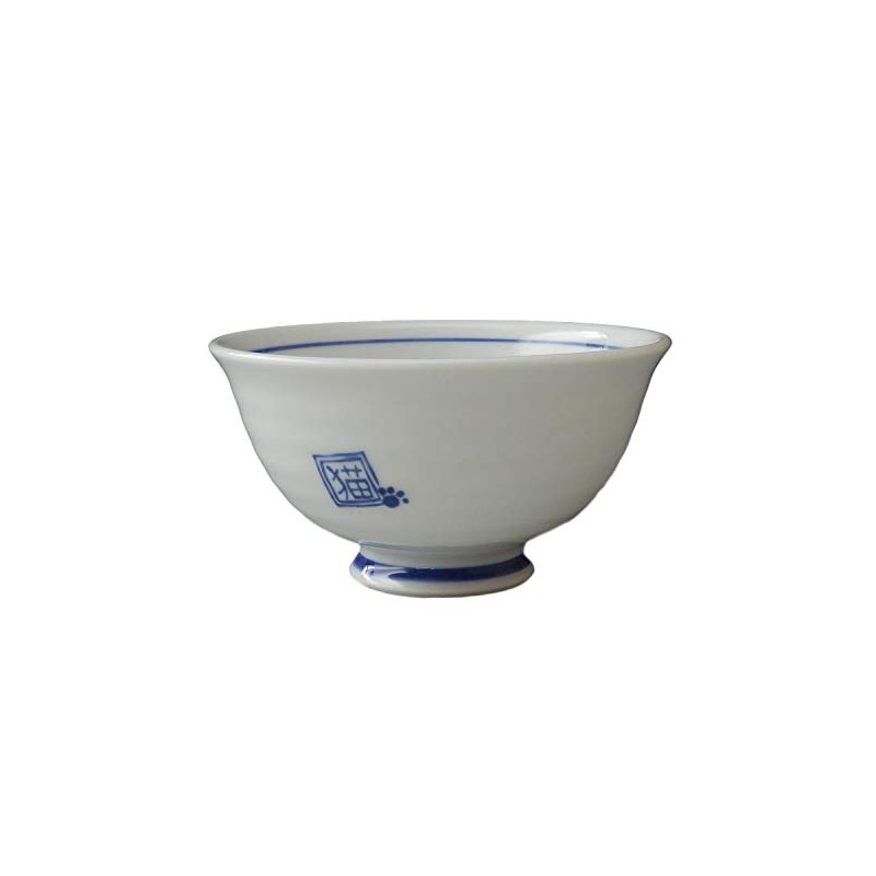 HAMATO Hasami Pottery Large Rice Bowl, Round Cat, Blue 404238