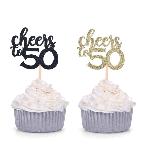 Decoración para 50 cupcakes, color negro y dorado con purpurina para 50 cumpleaños, decoración de fiesta, 24 unidades