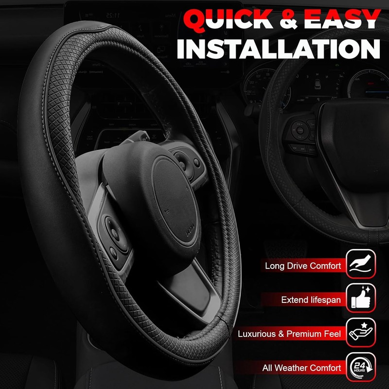 Ouzorp - Funda para volante de coche, microfibra, negro, 37-39