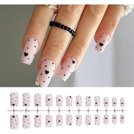 24 piezas de uas postizas de corazn negro, lunares, cubiertas completas artificiales elegantes, se pegan en prensa corta