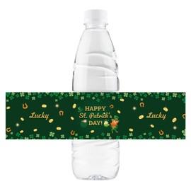 32 Pcs Happy St Patrick’s Day Water Bottle Labels, Lucky St Patrick’s Day Birthday Water Bottle Stickers, Shamrock Sign Party Bottle Wrappers, Irish Themed Party Water Labels - Green Glitter