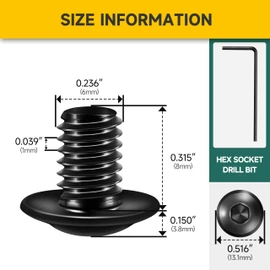 Mywish M6 x 8mm 25Pcs Flange Button Head Hex Socket Cap Screws Bolts, 304 Stainless Steel Furniture M6x1.0 Bolts Full Thread, Black Oxide & Hex Spanner