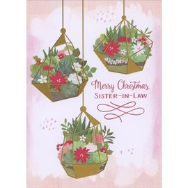 Designer Greetings Three Hanging Gold Foil Planters with Pink, Red and White Flowers on Light Pink Christmas Card for Sister-in-Law