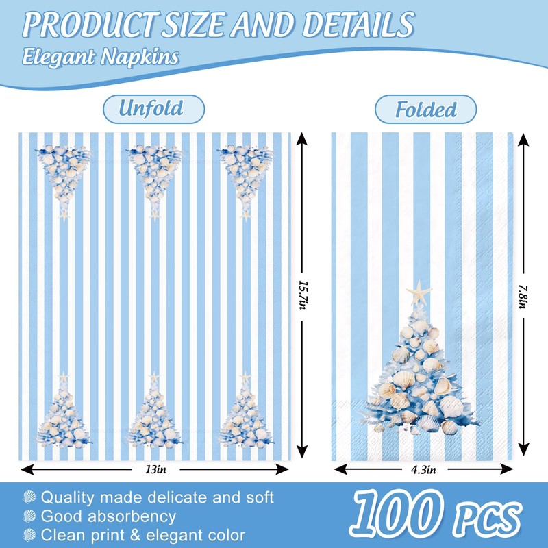100 Pcs Seashell Christmas Tree Guest Napkins Watercolor Summer Stripe