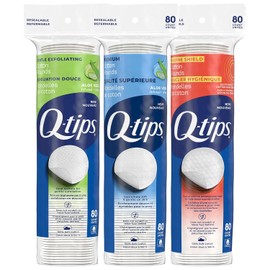 Q-tips Cotton Rounds - Paquete variado de 3 unidades (80 unidades Ea), escudo higiénico, exfoliante y de primera calidad, para el hogar, primeros auxilios y belleza, ecológico