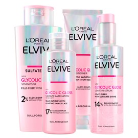 L'Oréal Paris Elvive Glycolic Gloss Conditioner 150ml + Shampoo 200ml + Leave-In Serum 150ml Set for Dull and Porous Hair Intense and Long-Lasting Shine - 3 Bottles