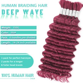 Human Braiding Hair for Boho Braids 150g 24 Inch Curly Boho Hair for Braiding Knotless Burgundy Braiding Hair Bulk Human Hair 12A Deep Wave Bulk Human Hair Bohemian 6 Bundles/Pack