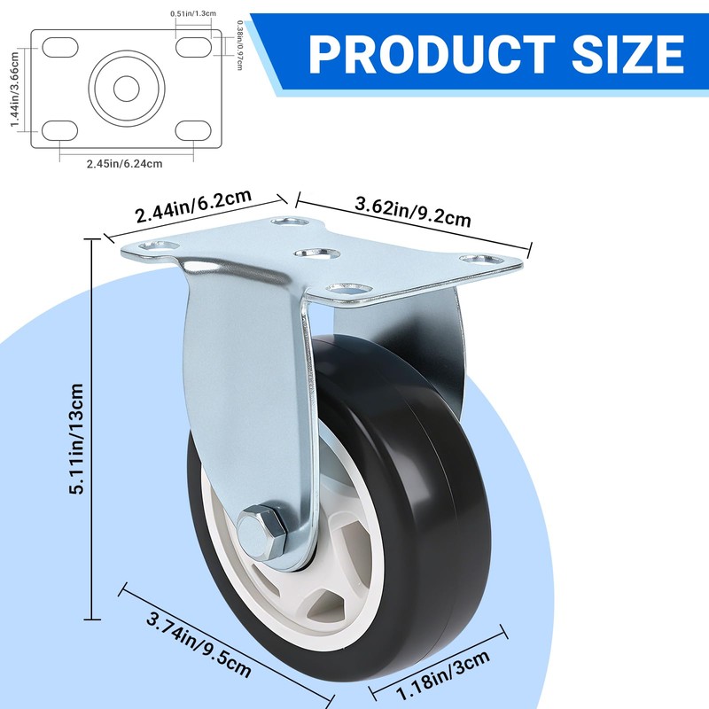 4 Inch Industrial Plate Casters, 2 Rigid & 2 Locking