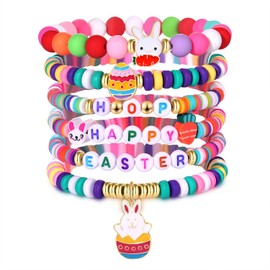 FAERLIIRY Easter Bracelets Bulk Cute Beads Bracelet for Women Friendship Bracelet Polymer Clay Elastic Bracelets Bunny Egg Happy Easter Holiday Bracelets Gifts (Easter-6PCS)