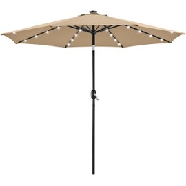 Yaheetech 10FT Solar Powered Patio Umbrella - UV Protection Market Table Umbrella w/ 32 LED Lights & Push Button Tilt & Crank Lift System for Garden/Lawn/Deck/Backyard/Pool,Tan