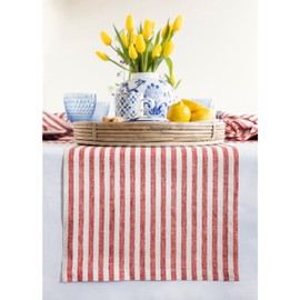 Solino Home Linen Table Runner 72 Inches Long - Amalfi Stripe, 100% Pure Linen Red and White Table Runner 14 x 72 Inch for Dining, Dresser, 4th of July, Summer