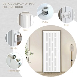 HARDJULAN 36X79in Frosted Acrylic Glass PVC Accordion Folding Door for Closet,Multifold Interior Door with Installation Hardware,Includes Handle and Latch,White Beech