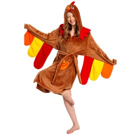OLAOLA Turkey Adult Robes, Unisex Animal Thanksgiving Costume, Plush Hooded Bathrobe Warm Cozy Spa Robe for Women Men