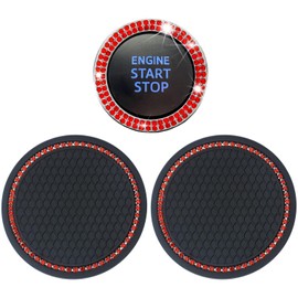 2 Car Cup Holder Coaster and 1 Crystal Rhinestone Engine Push Start Stop Button Cover Decoration, Interior Accessories for Women, Sticker Bling Ignition Ring (Blingallred)