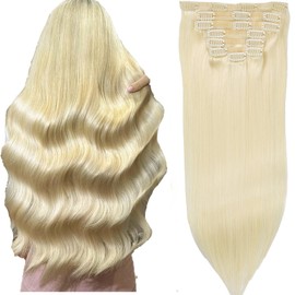 DIYOMO Seamless Hair Extensions Real Human PU Clip in Hair Extensions 120g 7pcs 18Inch #60 shallow Platinum Blonde, Invisible & Natural Look