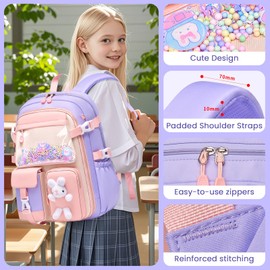 Amythe Children's Backpack Girls School Bag for 2nd 5th Grade, 24L School Backpack with Chest Strap, Cute Lightweight Casual Backpack Daypack for School or Travel, purple
