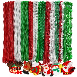 200PCS Christmas Beads Necklace Bulk, 18 Kinds Red Green Silver Necklace Accessories, 32" Snowman Santa Pendant Christmas Necklaces Party Supplies, Xmas Decor for Xmas New Years Ugly Sweater Party