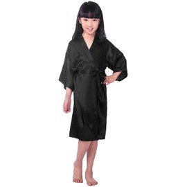 EQIQU Kids Girl's Silky Satin Kimono Robe for Spa Wedding Birthday Party Child Children's Gifts Black 6