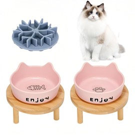 3PCS Elevated Cat Bowls,Wide Raised Ceramic Pet Dishes with Bamboo Stand, Whisker Friendly Pet Water or Food Plates Feeding Station for Indoor Small Dogs, Kitten (Pink(2PCS))