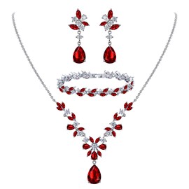 EleQueen Wedding Bridal Jewelry Set for Brides Bridesmaids, Sparkle Cubic Zirconia Teardrop Necklace Dangle Earrings Bracelet Sets for Party Prom Ruby Color