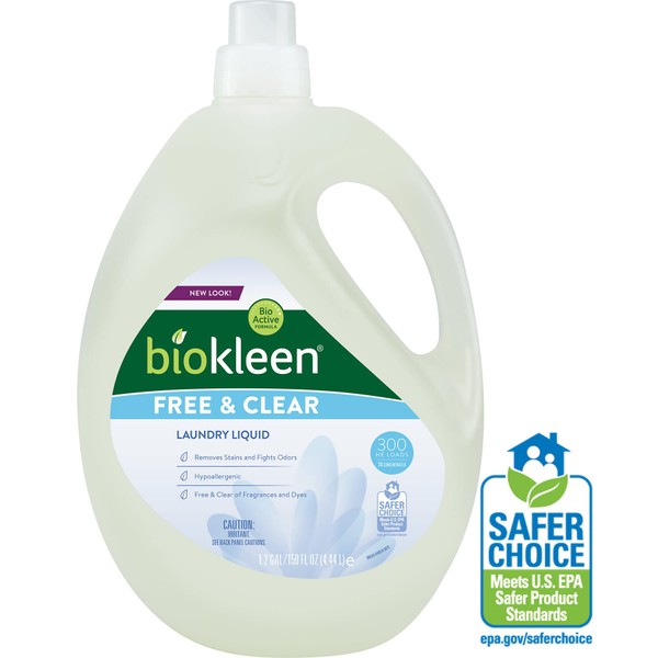 Biokleen Free & Clear Natural Liquid Laundry Detergent, Plant-Based, Unscented, Ultra-Concentrated - 300 Loads