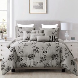 ESCA 7-Piece Denise Floral Grey Comforter Set King Size Embroidered Black Flower Bedding