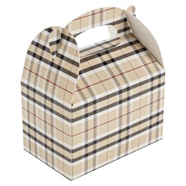 Restaurantware Bio Tek 4 x 2.5 x 2.5 Inch Gable Boxes For Party Favors, 100 Attractive Gift Boxes - Plaid Pattern, Built-In Handle, Paper Barn Boxes, Disposable, For Parties