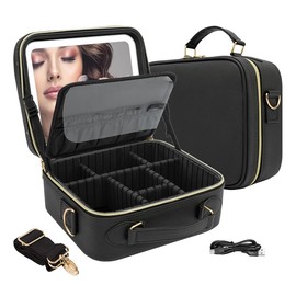 alittlepanda Black Portable Makeup Artist Organizer Case with LED Mirror, Lighted Mirror, Organized Storage for Cosmetic Brushes, Travel-Friendly Design