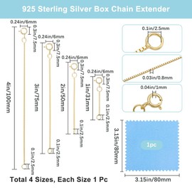 Beebeecraft 4Pcs 4 Sizes 925 Sterling Silver Box Chain Extender Gold Color Jewelry Extenders for DIY Choker Anklet Necklaces Crafts Making